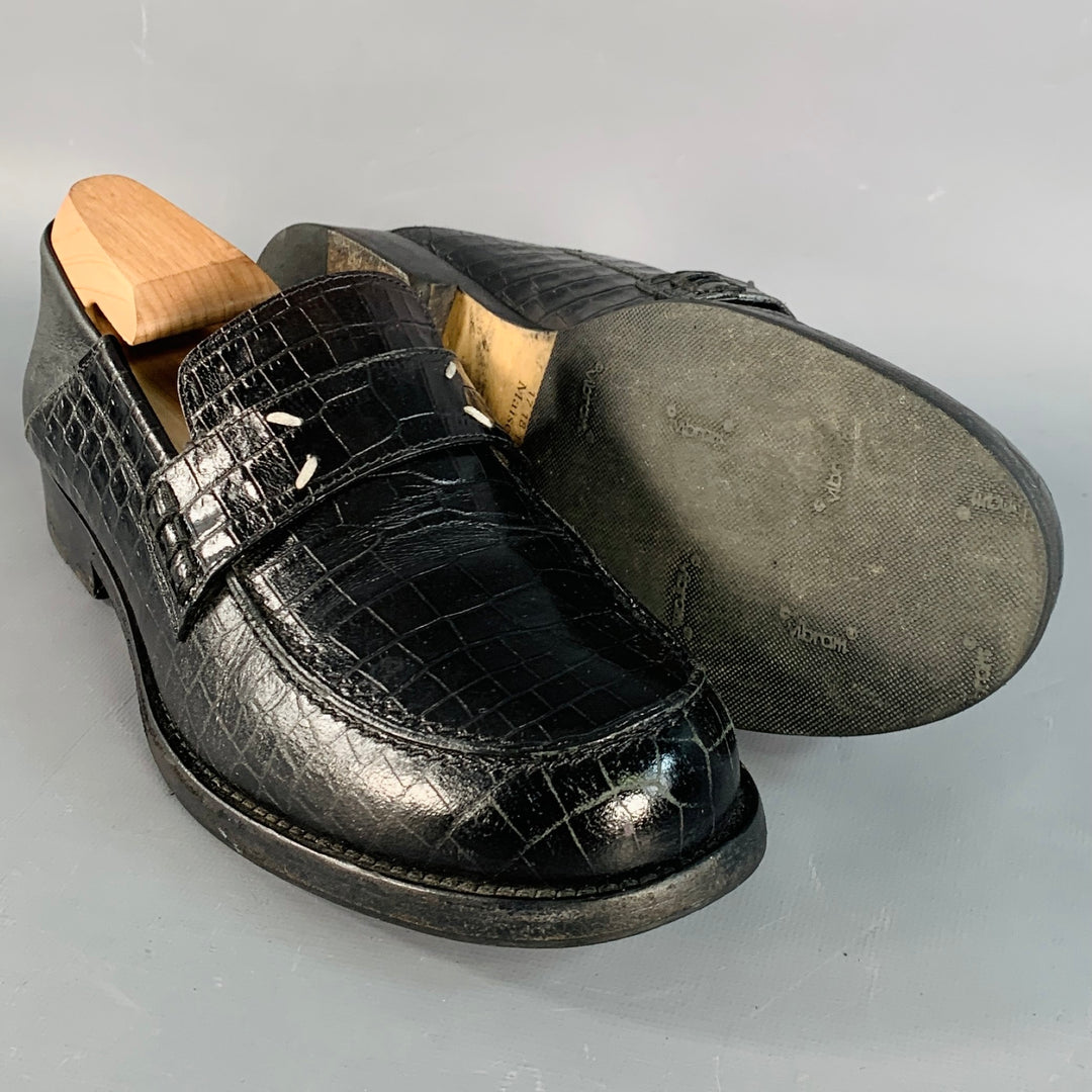 MAISON MARGIELA Size 10 Black Croc Embossed Leather Loafer Flats