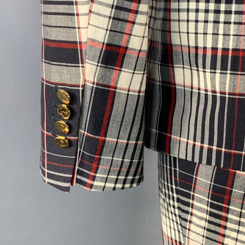 THOM BROWNE Size 42 Navy White Red Plaid Wool Mohair Silk Suit