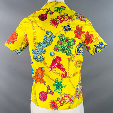 VERSACE Size M Yellow Multi Color Baroque Twill Short Sleeve Shirt