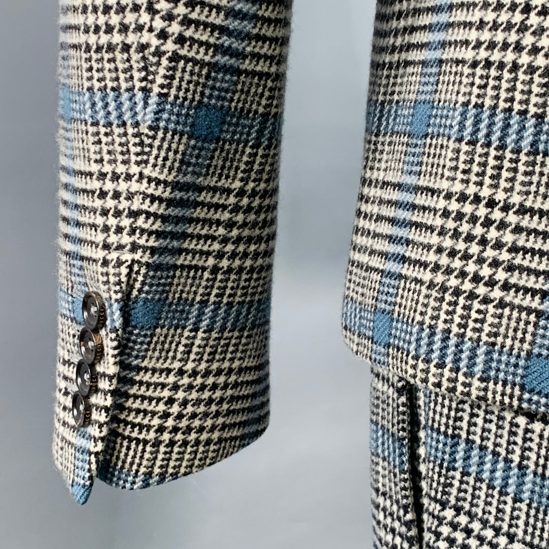 GUCCI Size 38 Black White Blue Glenplaid Wool Notch Lapel Suit