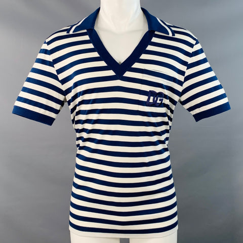 DOLCE & GABBANA Size S Navy White Stripe Logo Cotton One Pocket Polo