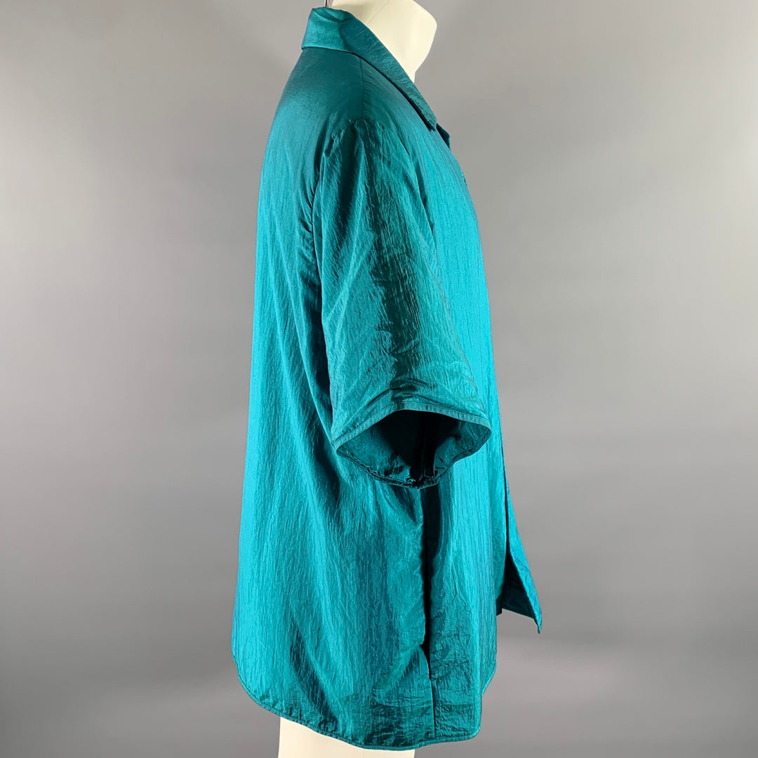 JIL SANDER Size XL Teal Polyamide Silk Camp Short Sleeve Shirt