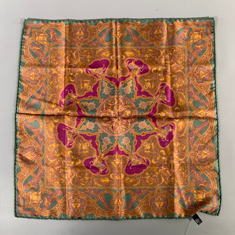 SALVATORE FERRAGAMO Pochette de Costume en Soie Verte et Marron Motif Équestre