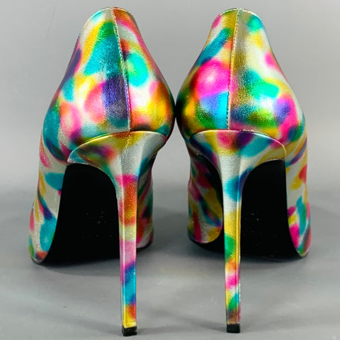 SAINT LAURENT Size 7.5 Metallic Silver Multi Color Leather Stiletto Pumps