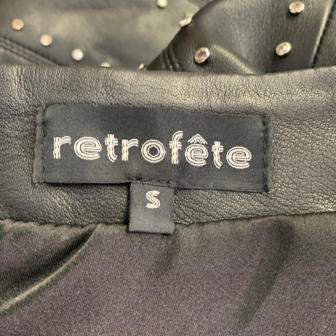 RETROFETE Size S Black Silver Leather Strapless Crystal Studded Mini Dress