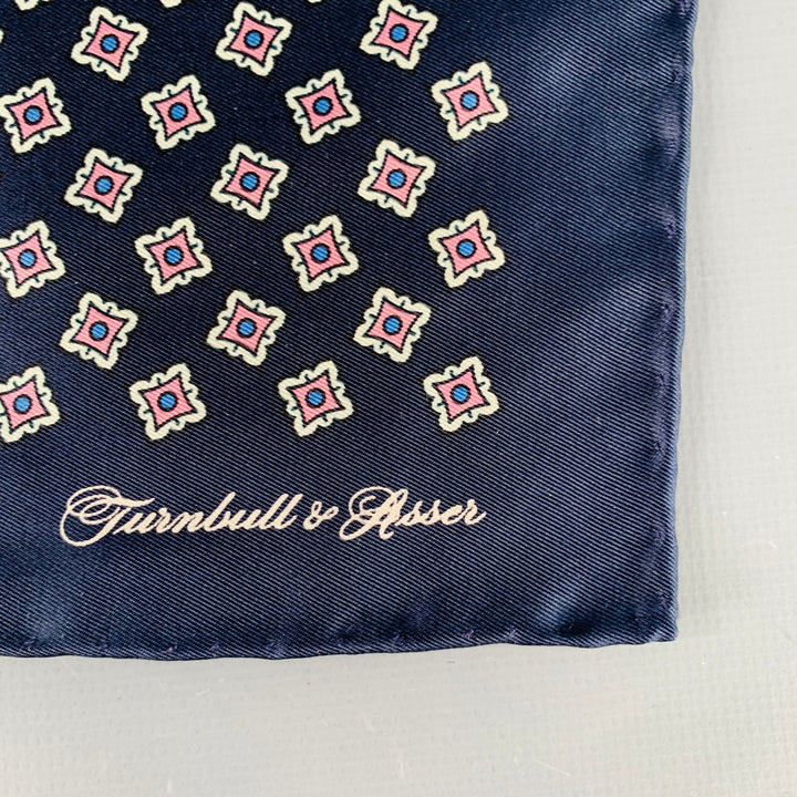 TURNBULL & ASSER Navy White Squares Silk Pocket Square