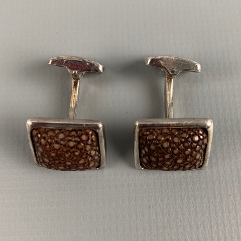 HOBBS & KENT Silver Brown Textured Sterling Silver Cuff Links