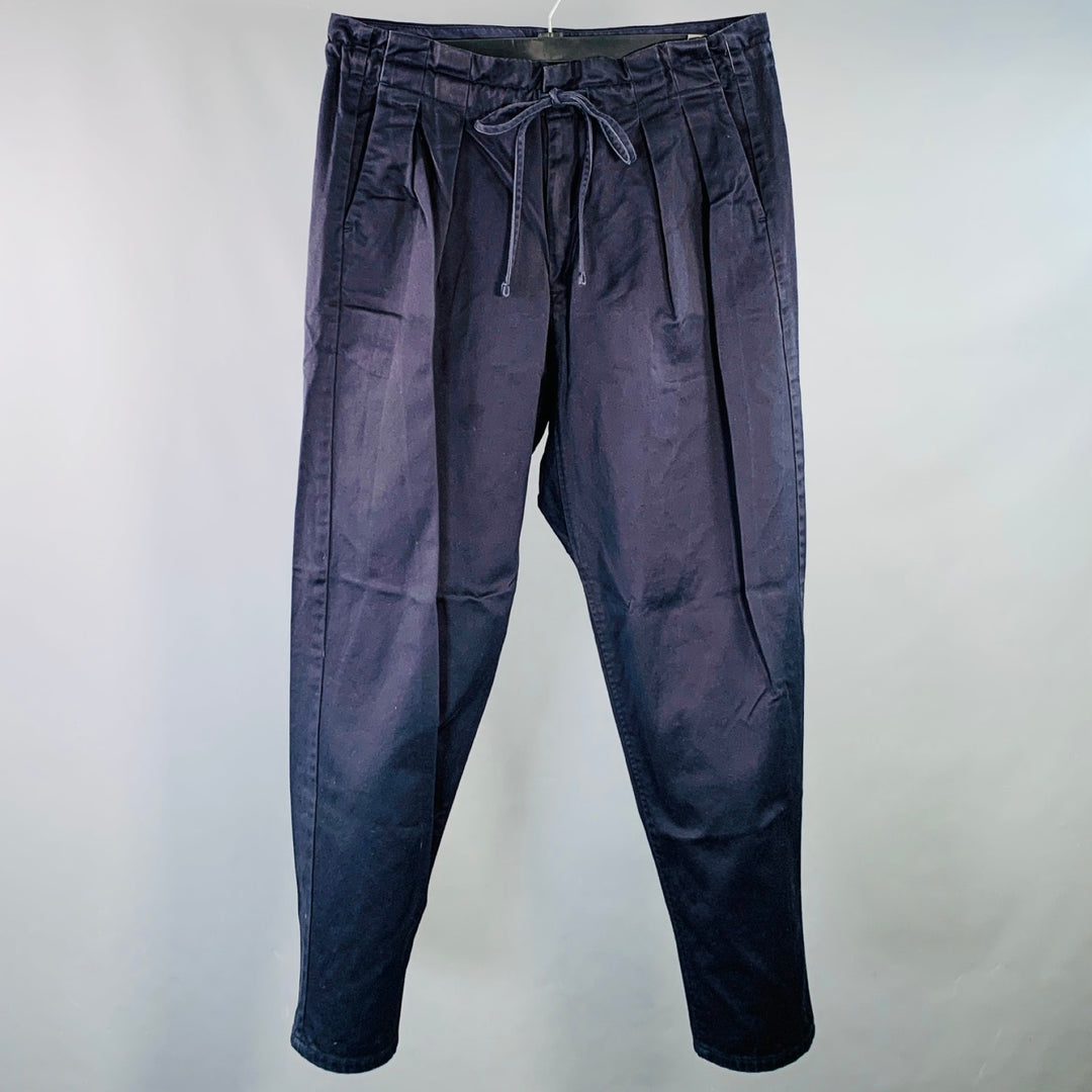 MONITALY Size L Navy Cotton Sateen Pleated Drawstring Casual Pants