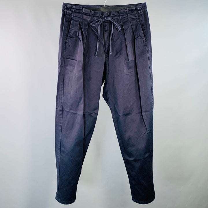 MONITALY Size L Navy Cotton Sateen Pleated Drawstring Casual Pants