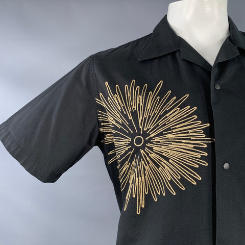 SASQUATCHfabrix Size XL Black Gold Embroidery Cotton Linen Short Sleeve Shirt