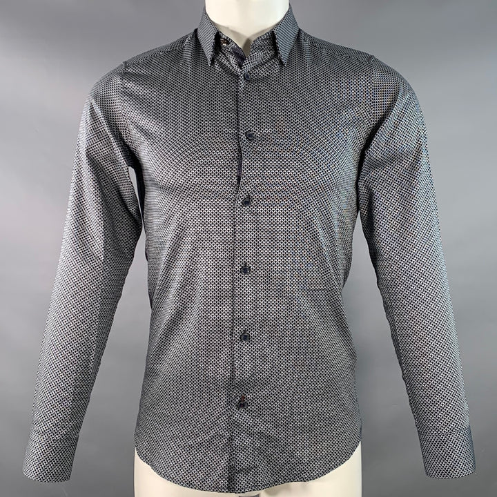 TED BAKER Size XS Chemise Navy White Abstract Cotton Spread Collar Long Sleeve Shirt