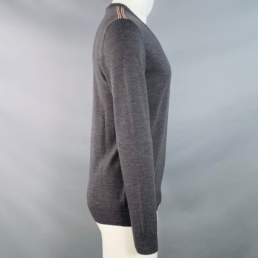 GUCCI Size M Charcoal Grey Red Green Contrast Trim Wool V-Neck Pullover