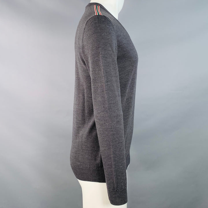 GUCCI Size M Charcoal Grey Red Green Contrast Trim Wool V-Neck Pullover