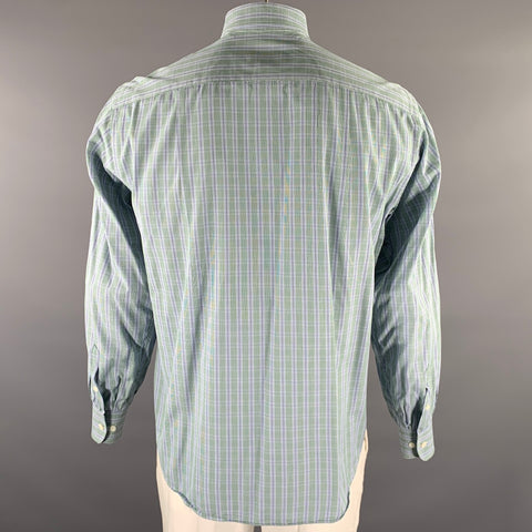 BRIONI Size L Green Blue White Plaid Cotton Long Sleeve Shirt