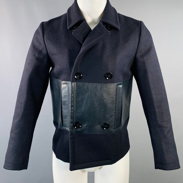 VALENTINO Size 36 Navy Wool Lambskin Leather Double Breasted Peacoat