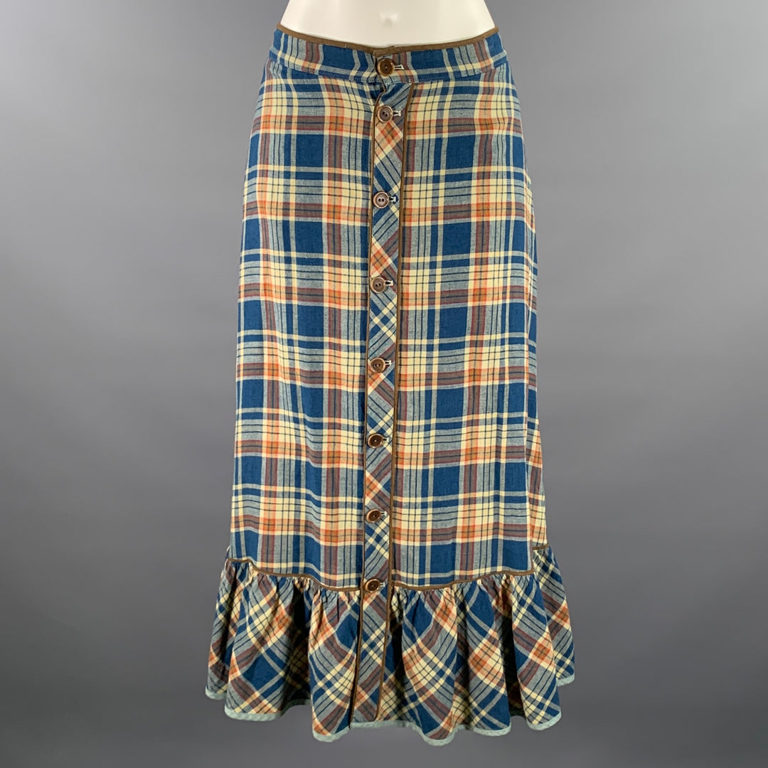 RRL by RALPH LAUREN Size 2 Blue Orange Linen Cotton Plaid Maxi Skirt
