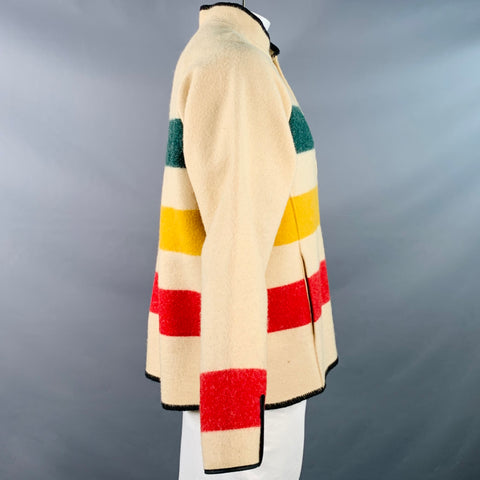 WOOLRICH Vintage Taille L Beige Pull à Rayures Multicolores Semi-Patte de Boutonnage