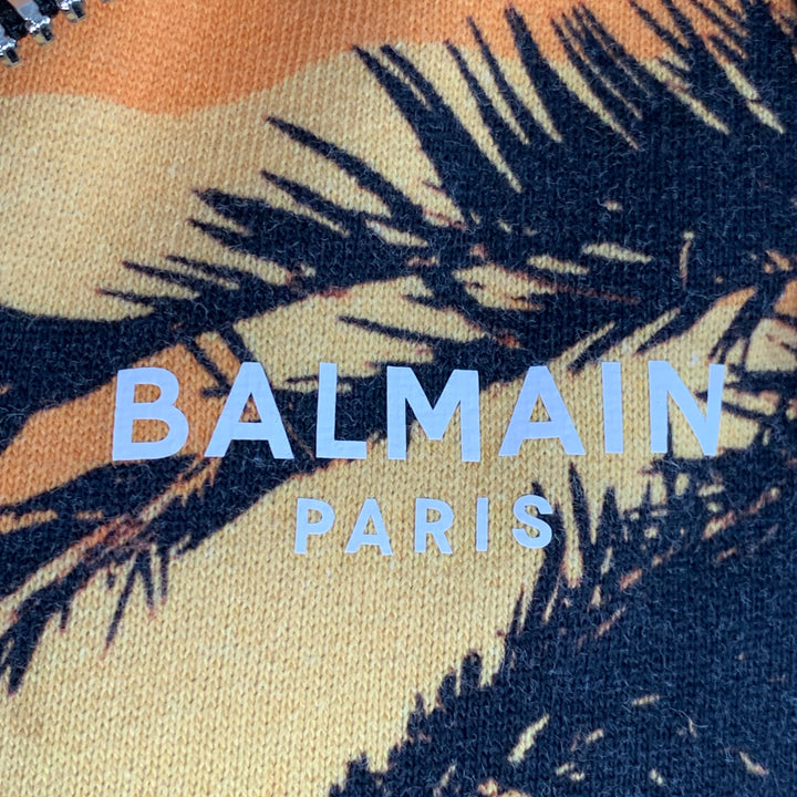 BALMAIN Size L Black Orange Blue Tropical Cotton Hooded Zip Up Sweatshirt