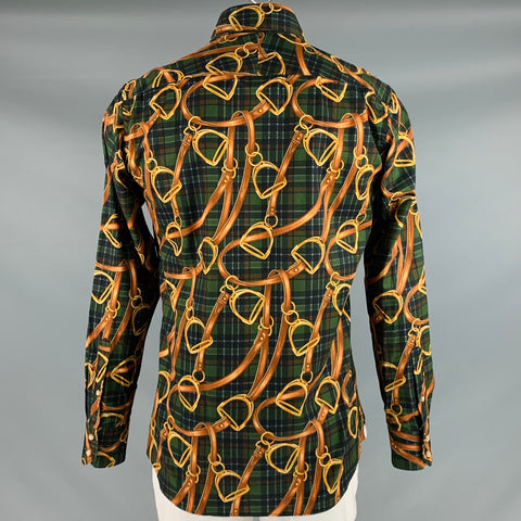 PHINEAS COLE Size L Olive Brown Plaid Equestrian Cotton Long Sleeve Shirt