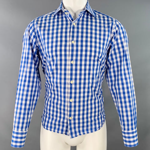 EREDI PISANO Size S Blue White Checkered Cotton Spread Collar Long Sleeve Shirt