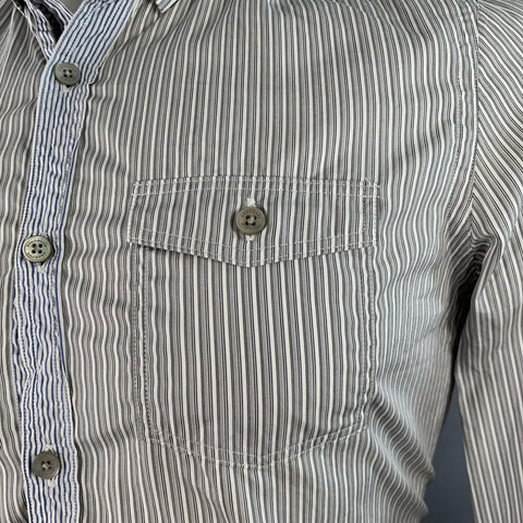 BURBERRY PRORSUM Size S White Grey Stripe Cotton One Pocket Long Sleeve Shirt