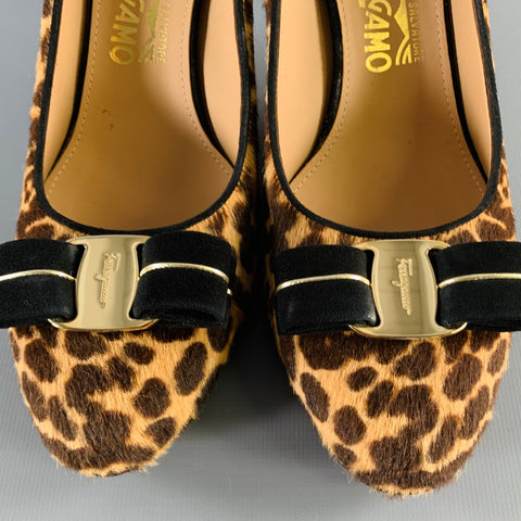 SALVATORE FERRAGAMO Size 9 -Carla- Brown Beige Calf Hair Animal Print Bow Pumps