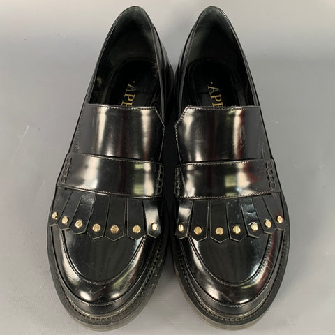 APERLAI Size 7.5 Black Silver Studded Patent Leather Fringed Moccasin Flats
