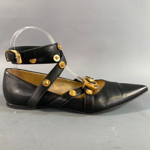 VERSACE Size 6 Black Gold Leather Medusa Pointed Toe Flats