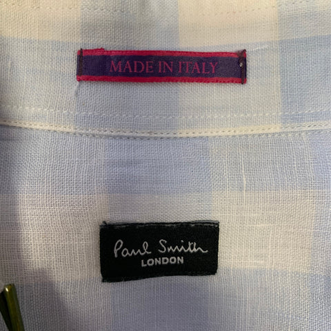PAUL SMITH Size M White Blue Checkered Linen Long Sleeve Shirt