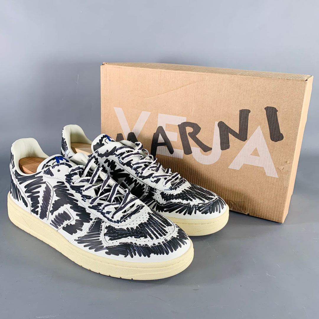 MARNI Size 10.5 White Black Scribble Leather Low Top Sneakers