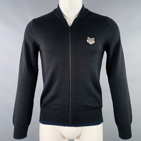 KENZO Size XS Black Navy Knit Wool Zip Up Sweater