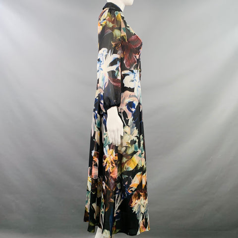 CATHERINE MALANDRINO Size M Black Multi Color Polyester Floral 3/4 Sleeves Shirt Dress