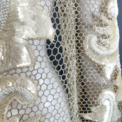 VINTAGE Size M Cream Silver Mesh Beaded Sequins Open Front Jacket