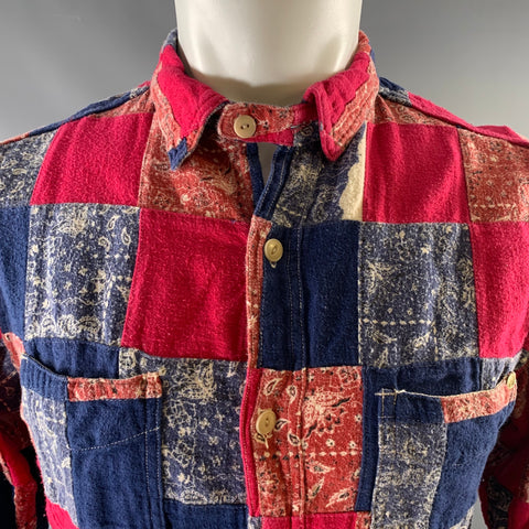 ANACHRONORM Taille S Bleu Rouge Bandana Patchwork Coton Chemise de Travail à Manches Longues