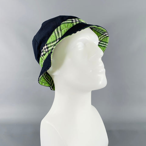 BURBERRY Green Navy Plaid Canvas Reversible Bucket Hat
