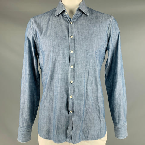 VAN LAACK Size L Blue Herringbone Cotton Long Sleeve Shirt