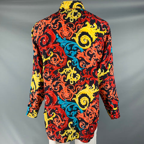BILLIONAIRE COUTURE Size XL Black Multi Color Print Silk Long Sleeve Shirt