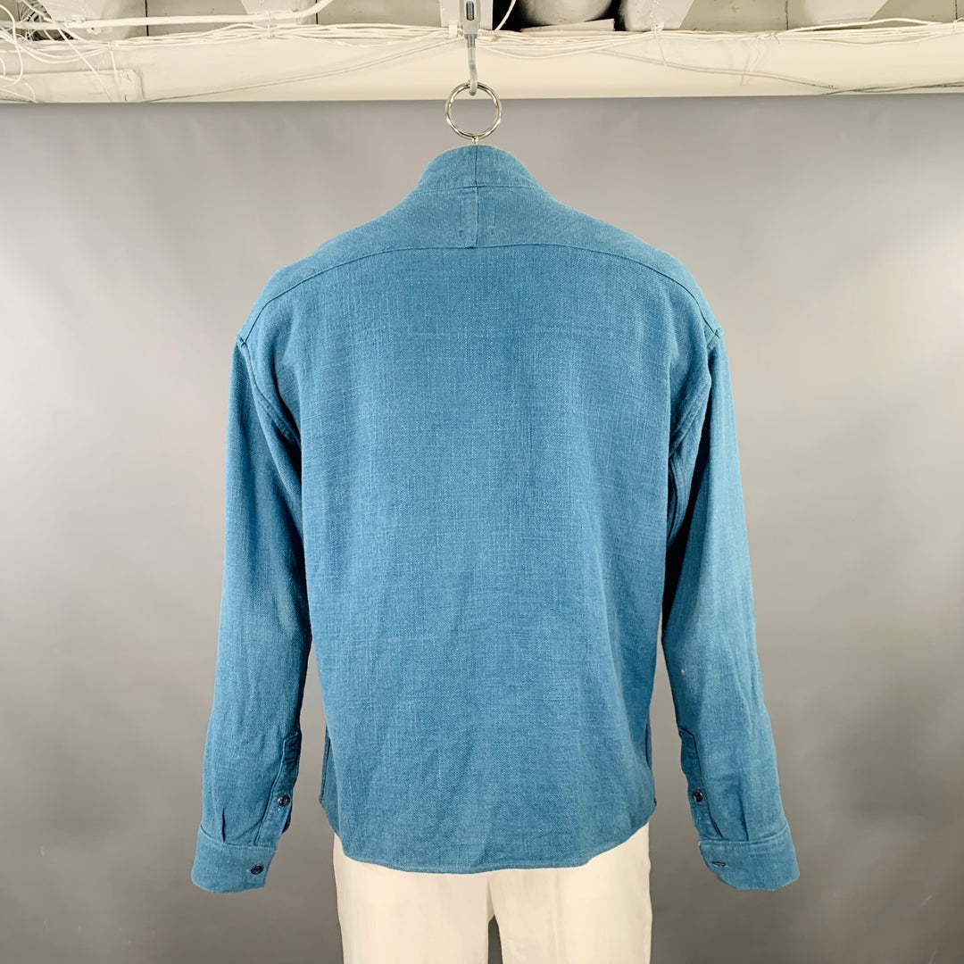 VISVIM Size XL Lhamo Blue Woven Rayon Linen Collarless Long Sleeve Shirt