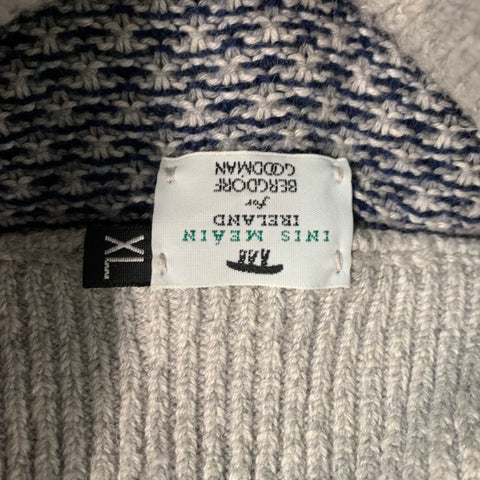 INIS MEAIN Size XL Navy Grey Knit Cotton Silk Cashmere Buttoned Pullover