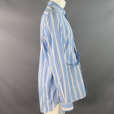 JIL SANDER Size M Giusy Blue White Stripe Cotton Collarless Long Sleeve Shirt