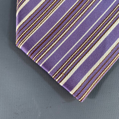 BRIONI Purple White Diagonal Stripe Silk Cotton Tie
