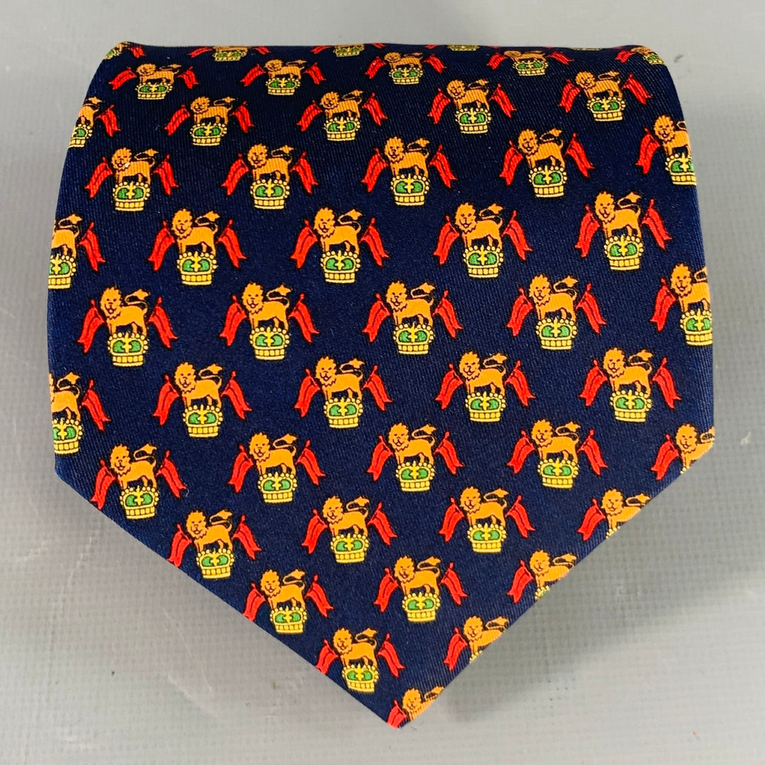 SALVATORE FERRAGAMO Navy Red Orange Lion Crest Silk Tie