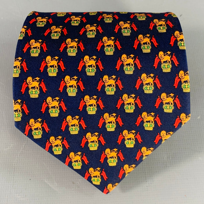 SALVATORE FERRAGAMO Navy Red Orange Lion Crest Silk Tie