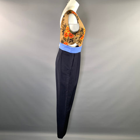 MSGM Size 8 Navy Brown Viscose Cotton Floral V Neck Jumpsuit