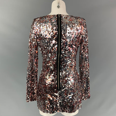 BADGLEY MISCHKA Robe Mini Manches Longues à Sequins Argentés et Bordeaux Taille M