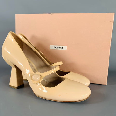 MIU MIU Size 8 Nude Patent Leather Mary Jane Pumps