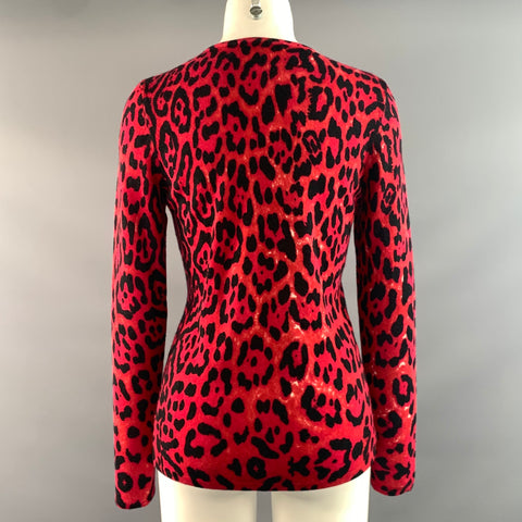 NEIMAN MARCUS Size S Red Black Cashmere Leopard Pullover Womens