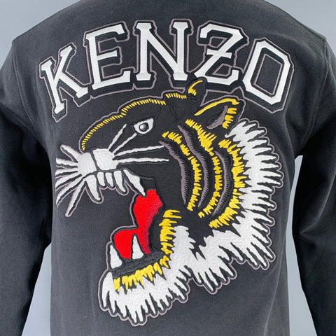 KENZO Size XS Black Multi Color Tiger Embroidery Cotton Blend Varsity Cardigan
