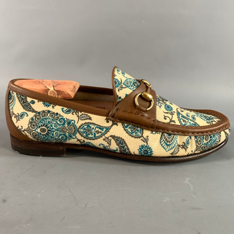 GUCCI Size 6.5 Cream Brown & Teal Paisley Mixed Fabrics Horsebit Loafers