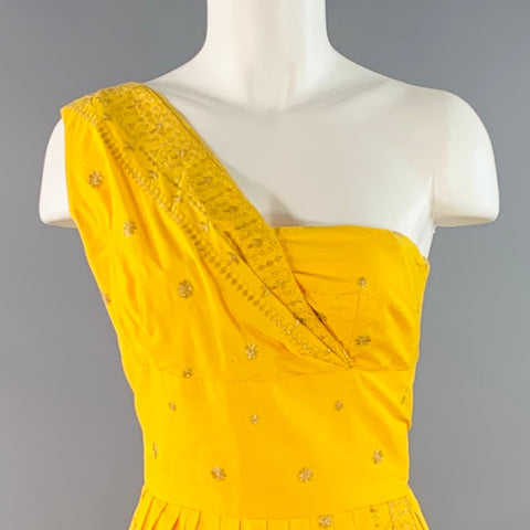 GRETA PLATTRY Vintage Size M Yellow Gold Embroidered One Shoulder Dress